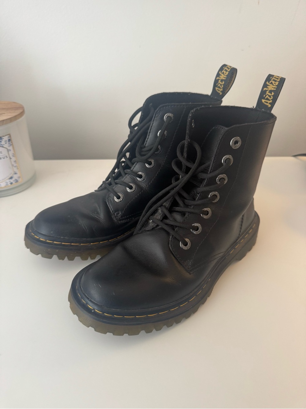 Dr. Martens Black Leather Lace-Up Platform Boots with Yellow Stitching